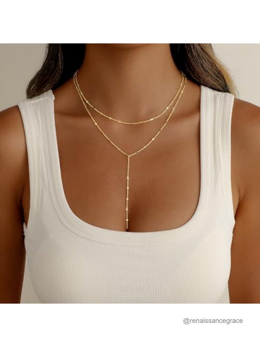 14K Gold Plated Layered Lariat Y Necklace for Women Long Dainty Chain